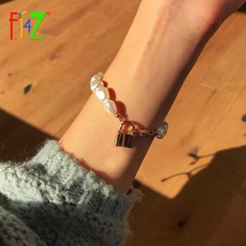F.J4Z Handmade Baroque Irregular Pearl Bracelet Gold Metal Chains Jewelry Coin Charms Bangle for Women Girls Gifts