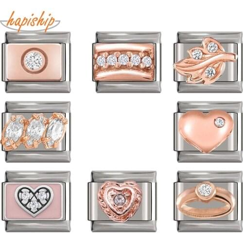 Hapiship 2019 Original Daisy Rose Heart Flower Dazzling CZ Italian Charm Fit 9mm Bracelet Stainless Steel Jewelry Making DJ218