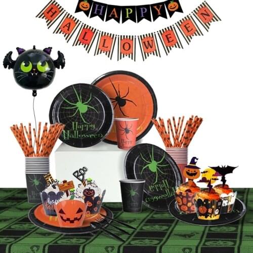 Halloween Spider Pumpkin Witch Disposable Tableware Paper Plates Cups Straws Halloween Decortion Balloon Supplies