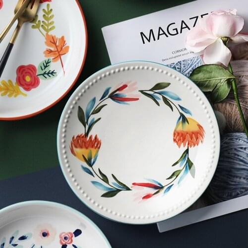 Ceramic Four Seasons Embossed Bead Plate Underglaze Hand-painted Art Flower Plate Creative Household Dishes Tablewar