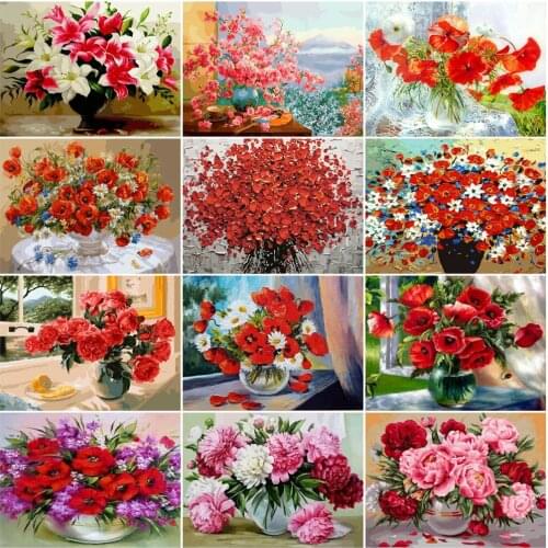AZQSD Paint By Number Red Flower Acrylic Home Decor Coloring By Numbers For Zero Basis HandPainted Oil Painting Unique Gift