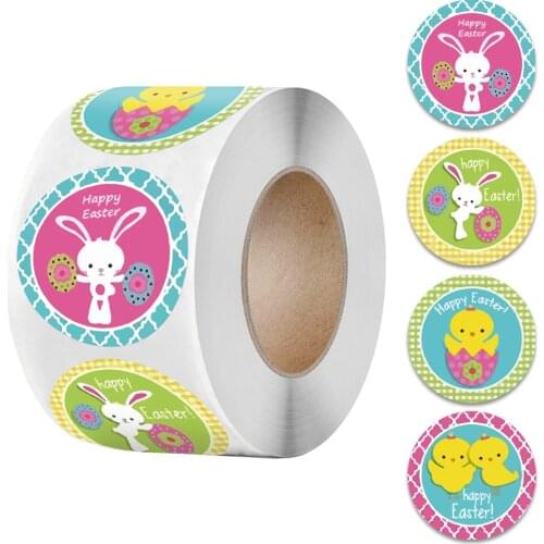 Round Happy Easter Sticker Egg Rabbit Paper Sticker Seal Labels Easter festival Party Gift Bag Box Envelope holiday Decoration