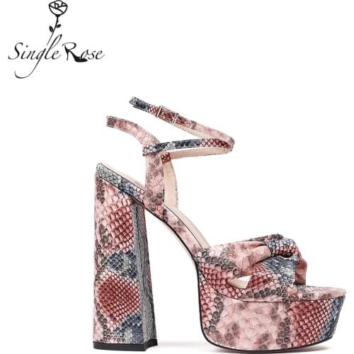 Single Rose Summer Womens Sandals Platform High Heels Ankle Strap Snake peep toe Print Chunky Heel 15cm Platform Party Shoe L01