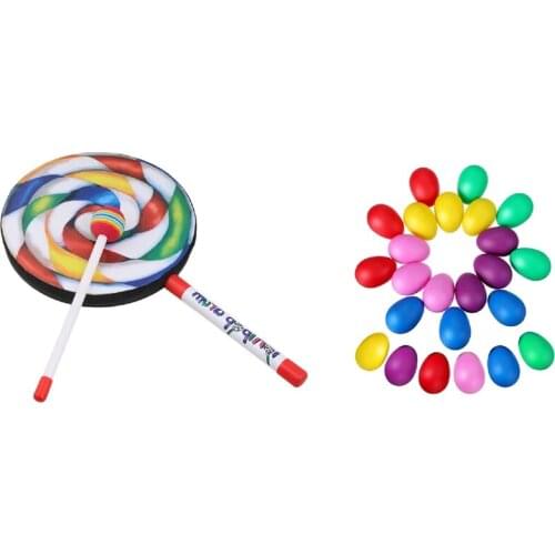 HOT 10x 7.9 Inch Lollipop Shape Drum with Rainbow Color Mallet Music Rhythm & 24 Pieces Egg Shaker Set Easter Eggs