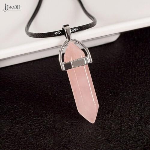 Natural rose quartz Crystal Pendants Hexagonal Column Necklaces wand Stone Pendant healing For Women Fashion Jewelry