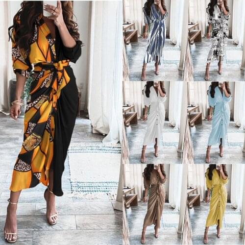 Autumn Beach V-Neck Print Slim Boho Dress Women Fashion Sexy Pleated Split Party Robe 2021 Ladies Long Sleeve Tie-Up Belt Dress