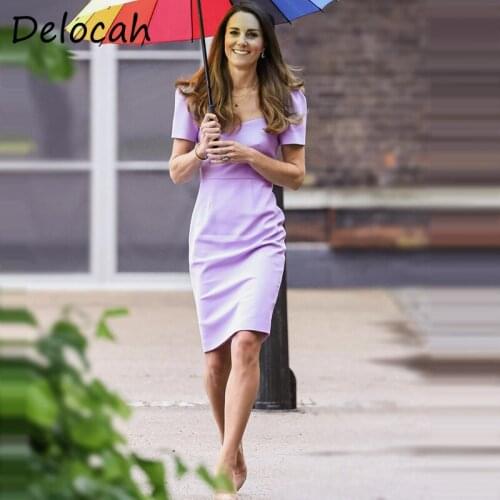 Delocah New 2021 Summer Women Fashion Runway Pencil Dress Short Sleeve High Waist Solid Printed Elegant Midi Dresses Vestidos