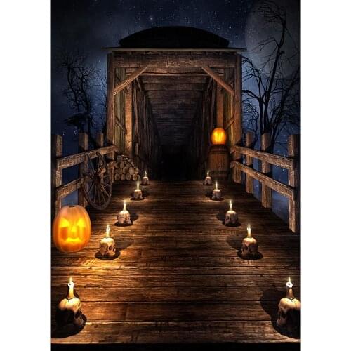 Retro Wooden Bridge Skull Candle Halloween Pumpkin Photography Background Vinyl Backdrop for Children Baby Shower Photoshoot