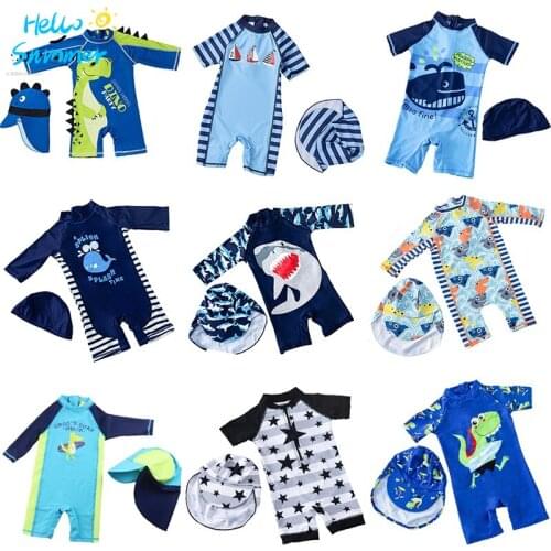 Baby Boy Swimwear One Piece with Hat Childrens Swimsuit with UV Protection Shark Print Swimming Bathing Suit for Kids Boys
