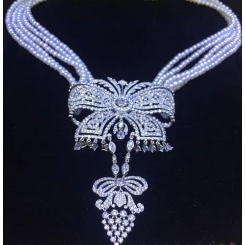 3-4MM natural fresh water pearl necklace multi layers bowknot pendant necklace 925 sterling silver party necklace fine jewelry