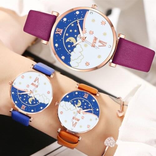 Tendencia de mujer 2020 Ladies Personality Leather Strap Watch New Fashion Sun Moon Star Rhinestone Watch Casual Woman Watch