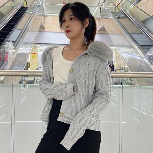 Fur Cardigan Cashmere Sweater Women Fashion Knitted Sweater 2021 New Autumn Winter Coat Natural Fox Fur Collar Solid Color