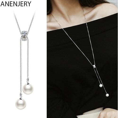 925 Sterling Silver Shiny Zircon Crystal Pearl Long Necklace Sweater Chain Necklace Pendant Jewelry Trendy S-N168
