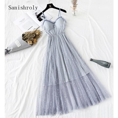 Women Star Sequins Lace Camisole Dress V Neck Backless Mesh Spaghetti Strap Dress Lady Sleeveless A Line High Waist Long Vestido