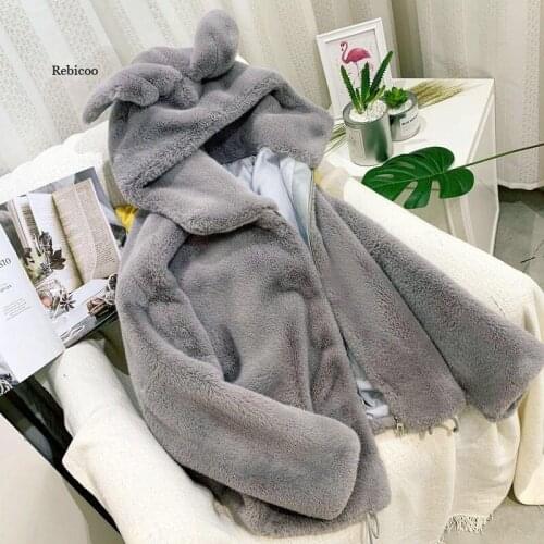 Womens Fur Faux Winter Korean Lovely Women Coat Luxury Short Loose Hooded OverCoat Thick Warm Female Plush Coats