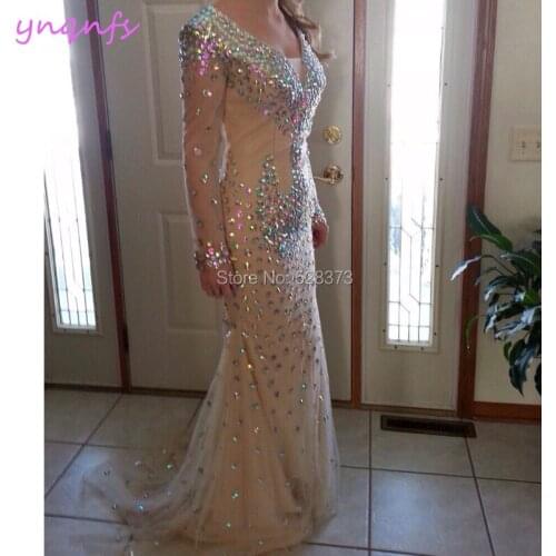 YNQNFS ED235 Crystal Dress V Neck Long Sleeve Mermaid Champagne Bridesmaid Dresses Elegant Saudi Arab Abiye Formal Gown 2019