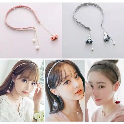 Women Simple Flower Pearl Hairband For Girls Tassel Earring Headband Bezel Headdress Female Solid Hair Hoop Accessories Headwear