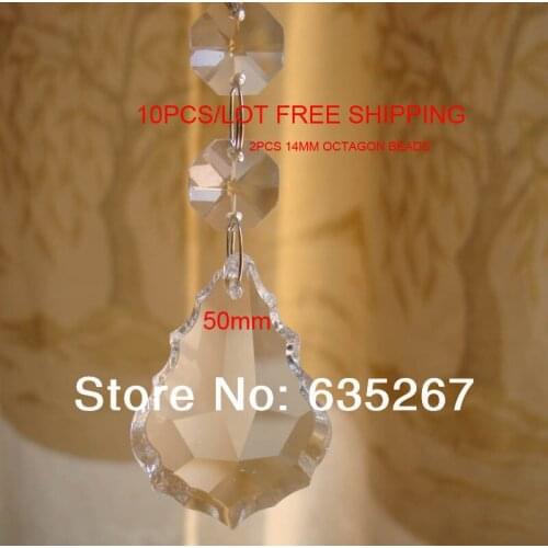 10pcs/lot ,50mm maple leaf pendant + 2pcs 14mm octagon beads in crystal transparent color for crystal chandelier,curtain,wedding