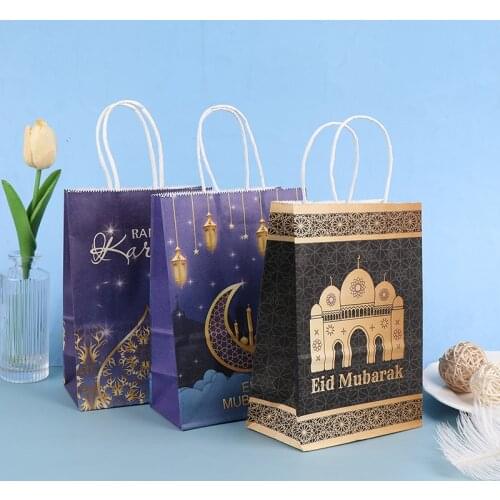 10pcs Ramadan Kraft Paper Bag Muslim Eid Mubarak Golden Tote Bags Gift Packaging