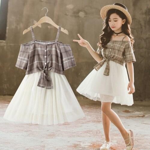 2020 Summer New Girls Off-shoulder Dresses Baby Girls Plaid and Mesh Patchwork Dresses Kids Elegant Dresses for Girls, #8469