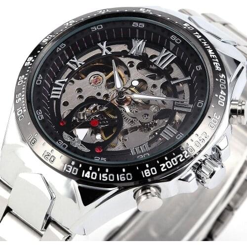 New WINNER Relojes Watches Top Branded Mens Classic Stainless Steel Self Wind Skeleton Mechanical Watch Fashion Cross Wristwatch