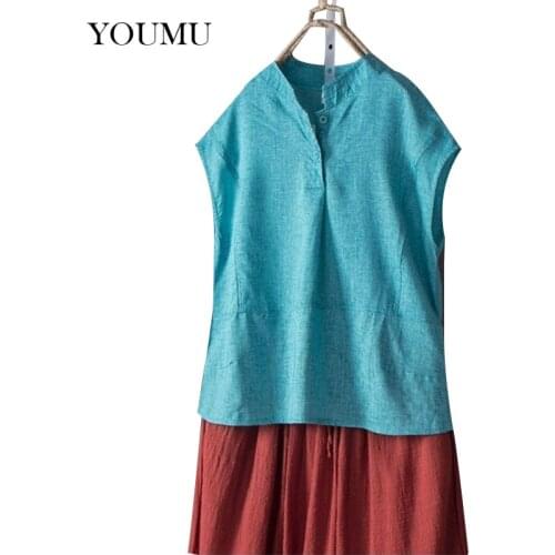 Women Cotton Linen Loose Casual T-Shirt Plus Size M-3XL Solid Button Mandarin Collar Short Sleeve Tops Office Lady 906-A288