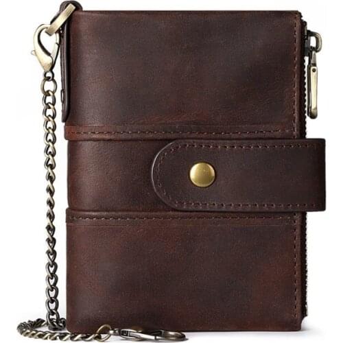 Leather Wallet for Men with Anti Theft Chain RFID Blocking Hasp Bifold Multi Card Holder Large Capacity Coin Pocket