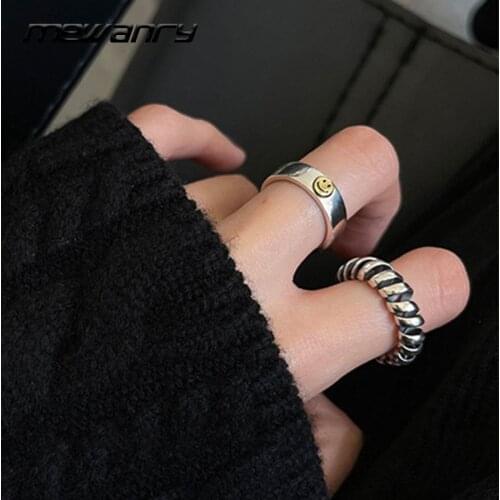 Mewanry 925 Sterling Silver Rings for Women New Design Trend Punk Vintage Smiley Party Jewelry Gifts Handmade Twist Accessories