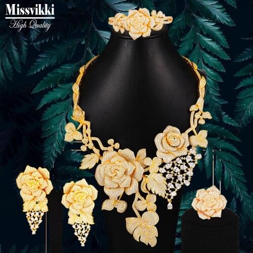 Missvikki Famous Brand New Big 4 PCS Flowers Necklace Bangle Earrings Ring for Women Wedding Engagement Occasion Jewelry Set