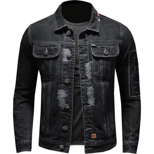 Mens Embroidery Distressed Denim Jackets Fashon Men Biker Motorcycle Jacket Slim Fit Ripped Jeans Coat Streetwear Drop Shipping