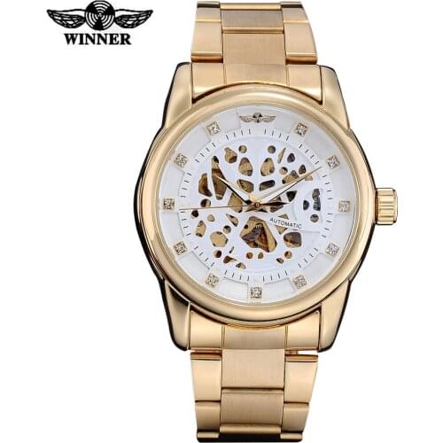 WINNER men fashion casual mechanical watches steel band gold case china brand skeleton gift clock wristwatches relogio masculino