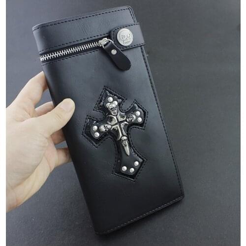 Mens Punk Biker Skulls Cross ID Card Money Black Leather Zipper Wallet GQ001