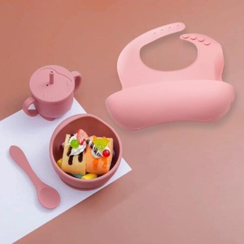 4 Pcs Baby Silicone Bibs Sucker Bowl Spoon Straw Cup Set Training Feeding Food Utensil Dishes Tableware Kit for Newborn
