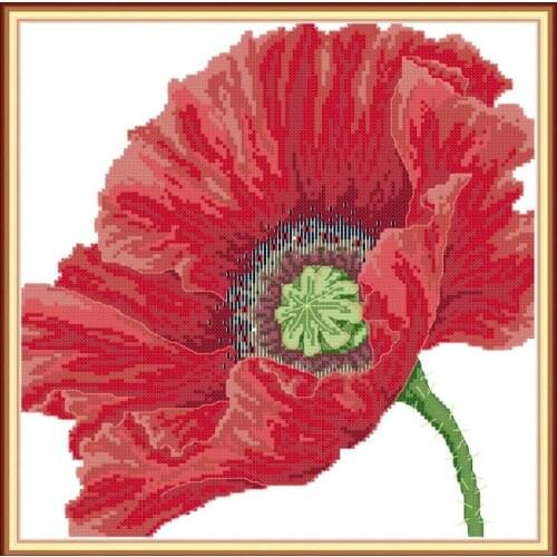 Big Red Poppy Flower Pattern Count Cross Stitch Kit 14ct11ct Stamping Cross Stitch Needlework DIY Flower Painting Embroidery Set