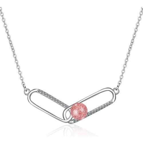 Niche design paper clip pink strawberry crystal necklace net red jewelry pendant cold wind short clavicle chain female
