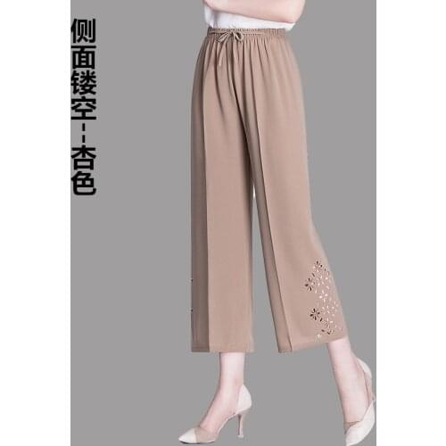 2021 New Summer Wide Leg Pants Solid Elastic High Waist Pants Thin Hollow Straight Pants Plus Size Middle-aged Women Nine Pants