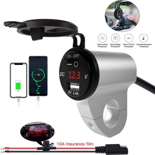 New Upgrade Motorcycle Aluminum Alloy Waterproof Mobile Phone Charger Digital Display Voltage 2.4A Car USB with Power Off Switch