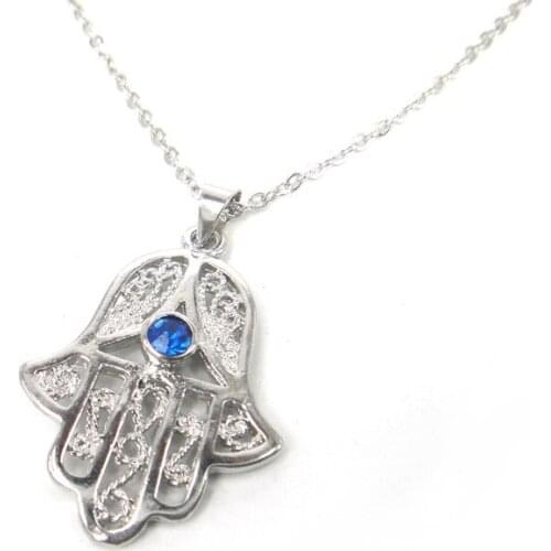 New arrival free Shipping fashion blue crystal hamsa hand pendant religious women necklace