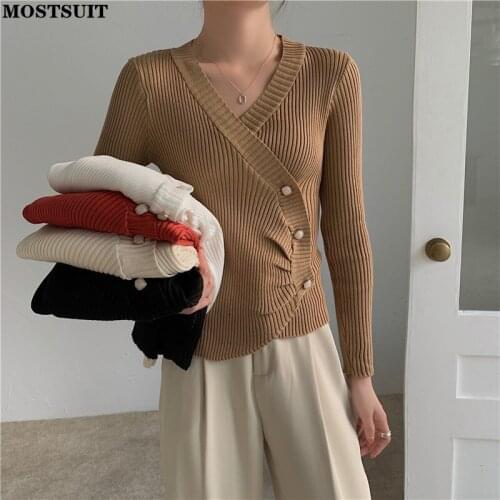Solid Slim Knitted Sweater Tops Women Full Sleeve V-neck Buttons Pullover Vintage Chic Ladies Jumpers Knitwear 2021