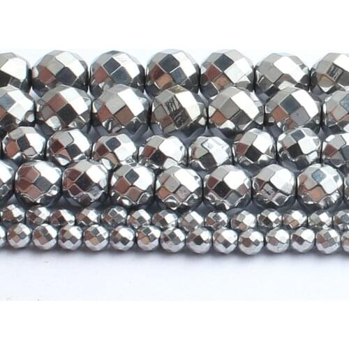 2/3/4/6/8/10mm Natural Silver-Plated Faceted Hematite Stone Beads Round loose Spacer Beads For Jewellery Making Bracelet 15 inch