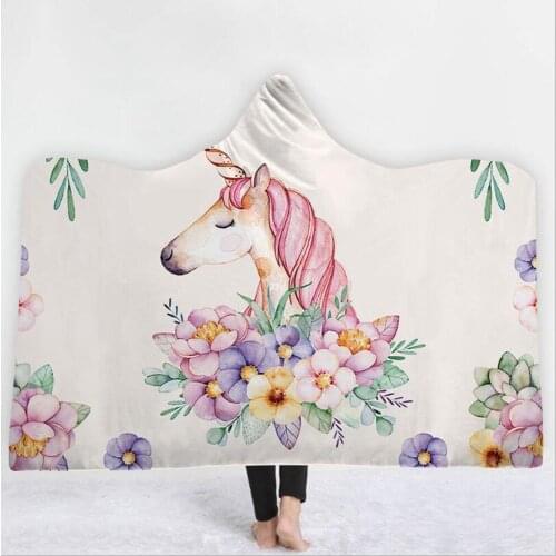 Floral Unicorn 3D Printed Plush Hooded Blanket Warm Wearable Fleece Throw Blanket for Adults Youth Children Home Office Washable