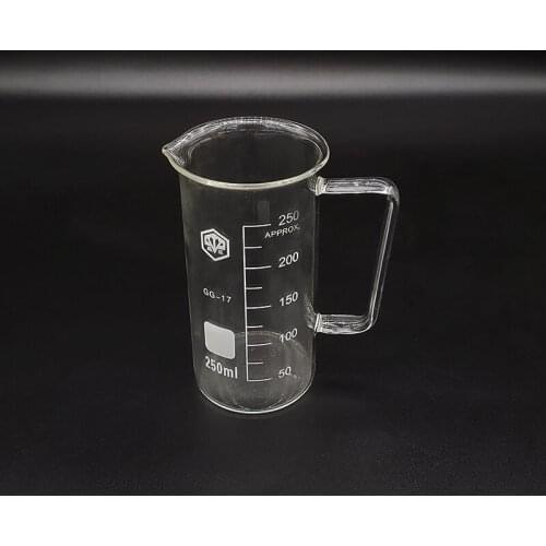 With handle Beaker in tall form,Capacity 250ml,Outer diameter=60mm,Height=124mm,Laboratory beaker