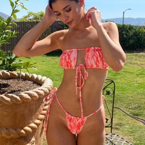 Sexy Snakeskin Bikinis Drawstring Off Shoulder Swimwear Women Thong Bathing Suit 2021 Bandeau Swimsuit Lace Up Bikini Set Beach