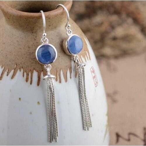 925 Silver Tassel Earrings Pure Silver Bohemia Earrings Lady Charming Earrings Kyanite