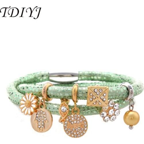 TDIYJ 40CM Green Double Loop Sheepskin Leather Bracelet with Stainless Steel Magnetic Clasp with 7Pcs Gold Story Charms 1Set
