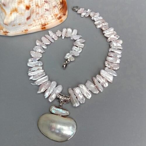 YYGEM White Shell Pendant 19" Natural Cultured White Biwa Freshwater Pearl Necklace Girlfriend Gift