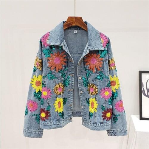 Spring Autumn 2021 Women Heavy Industry Sequins Flowers Loose Vintage Washed Blue Denim Jacket Female New Casual Basic Jean Coat