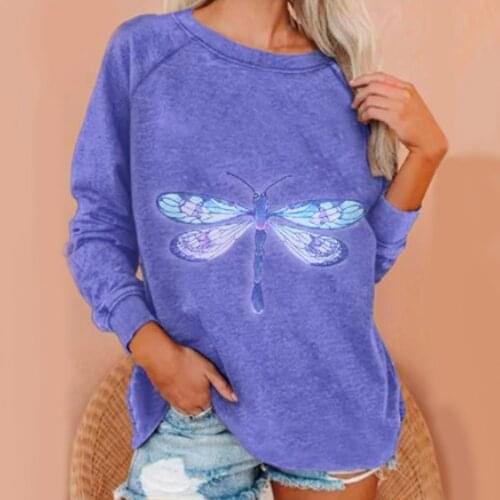 S-XXXL cute Purple dragonfly print Women Casual O Neck T-shirt Print Long Sleeve Blouse Top Sweatshirt camiseta termica mujer F4