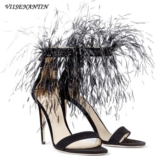 Summer New Style Feather Banquet High Heels Female Stiletto Black Bag Heel Zipper Sexy Banquet One Word Sandals Female