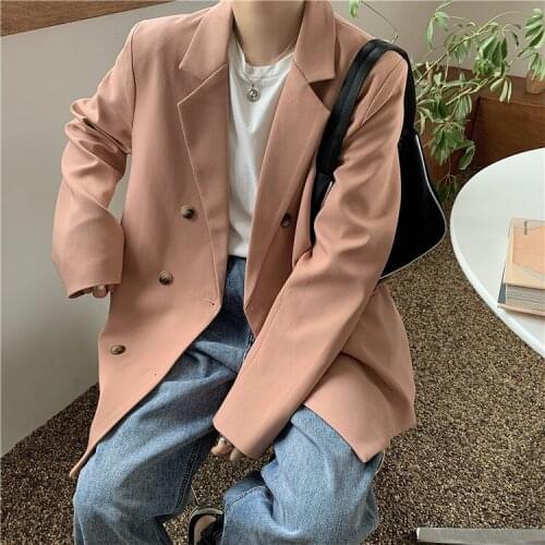 Womens Korean Fashion Design Sense Suit Coat 2021 Spring Autumn New Casual Loose Double-breasted Notched Button Solid Blazers